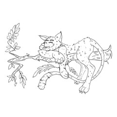 Cat on a tree. Vector illustration of a cat with a long tail on a tree. Hand drawn wild cat on a branch.