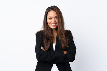 Obraz premium Young Brazilian girl with blazer over isolated white background laughing