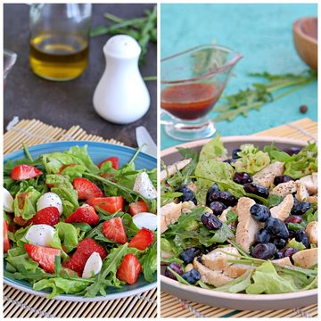 Various summer salads with herbs and berries. Food collage.