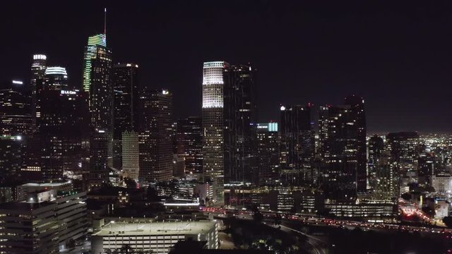 Drone aerial shot of Los Angeles downtown at night