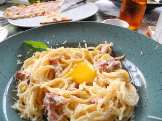 carbonara with egg on a plate