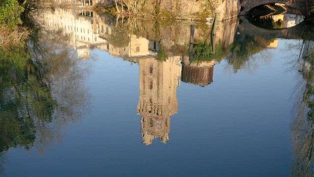 Padua 2019. Reflected view of the tower of the astronomical observatory, currently called the Specola museum. We are on a cold but sunny winter day. December 2019 in Padua