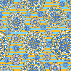 Seamless ornamental oriental pattern. Repeating striped tiles with mandala. Vector laced decorative background with floral and geometric ornament. Indian or Arabic motive. Boho festival style