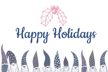 Merry Christmas gift card template with cute nordic family gnomes. Holiday positive print postcard.