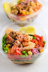 Tasty Hawaiian poke bowl  on light background