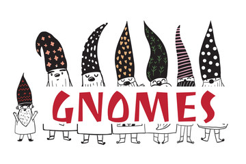 Christmas Card, Seasons greetings , cute Christmas gnomes in hand - drawn scandinavian hats