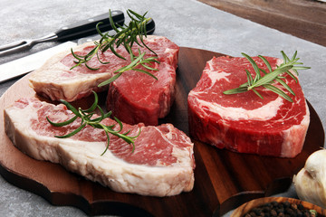 Variety Steak raw. Barbecue Rib Eye Steak, dry Aged Wagyu Entrecote Steak.