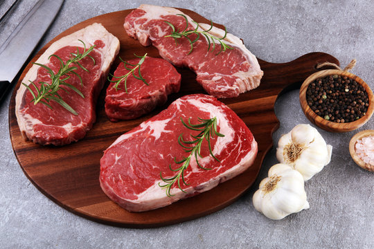 Variety Steak raw. Barbecue Rib Eye Steak, dry Aged Wagyu Entrecote Steak.