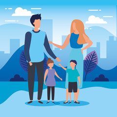 parents with sons in park nature characters vector illustration design
