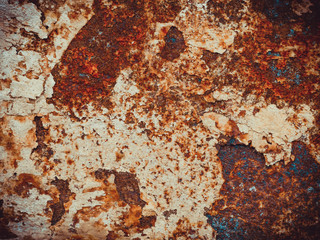 Brown, black and orange rust and dirt on white enamel. Rusted brown and white abstract texture. Corroded white metal background. Rusty metal surface with streaks of rust. Rusty corrosion.