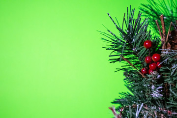 Christmas decoration with green background for copyspace