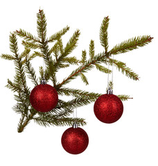 Obraz na płótnie Canvas Christmas red glitter bauble balls and evergreen spruce branch, isolated on white background