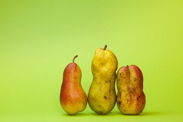 One ordinary pear and two ugly ones. Copy space.