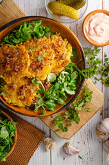 Potato pancakes, delish salad