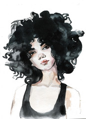 Fototapeta premium Young female brunette portrait hand drawn watercolor illustration