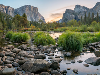 Sunet Vire of El Capitan Peak During the Fall Season With Small Stream in the Foreground