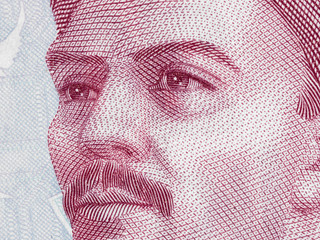 Yunus Emre on Turkish 200 lira note extreme macro. Yunus Emre eyes close up.