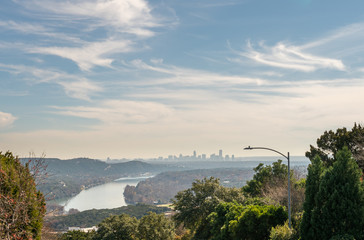 View of the Austin Skyline and Lake from the Distance with Blue Skies