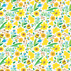 Summer seamless pattern. Floral print. Flowers, bees and honey on white background. Doodle style vector