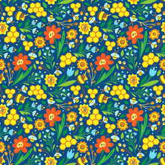 Stoffe zum Nähen Summer seamless pattern. Floral print. Flowers, bees and honey on blue background. Doodle style vector