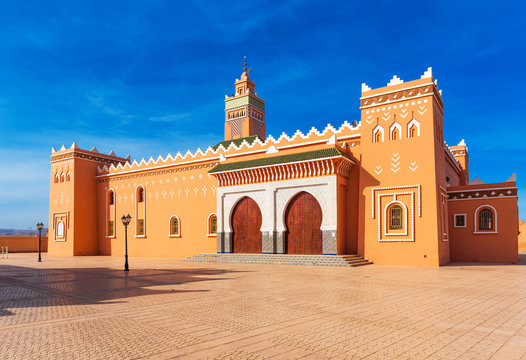 Mosque buildings in the central square, Zagora, Morocco. Copy space for text.