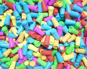 Looking Down on a Landscape of Disposable Coffee Cups with Colored Lids