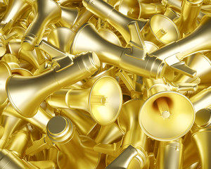 Messy Pile of Pure Gold Megaphones Brightly Lit