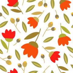 Seamless  pattern with flowers and leaves isolated on white background. Hand drawn vector texture.