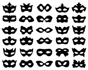 Black silhouette of festive masks in black on a white background