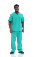 in full growth. medical worker in blue uniform.