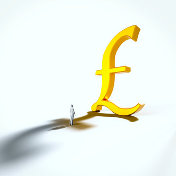 Small White Figure in the Shadow of Huge Perfect Gold Pound on White