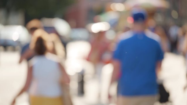 Abstract blurry pedestrians, everyday urban NYC image with diverse unfocused people walking, sunny bright summer day