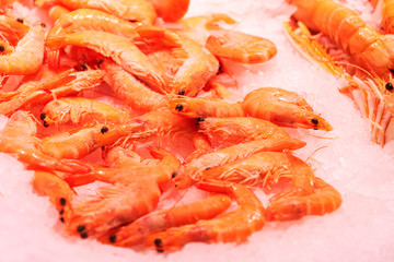 Top view to shrimps on display on ice in fisherman market store in Spanish market