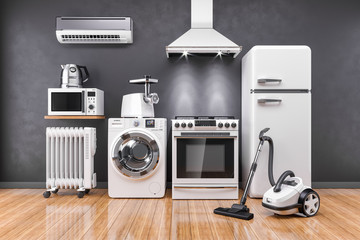 Set of home kitchen appliances in the room on the wall background - obrazy, fototapety, plakaty