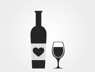 bottle of wine with heart and wineglass. valentines design element