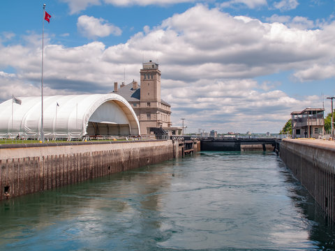 Soo Locks In The Upper Peninsula Of Michigan As Seen From A Boat