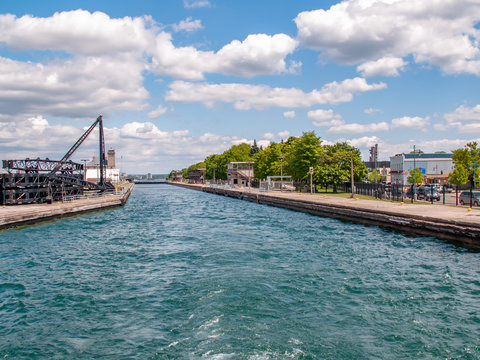 Soo Locks in the upper peninsula of Michigan as seen from a boat