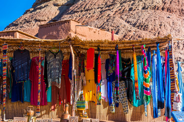 Textile shop on the street of the old city of Ait-Ben-Haddou, Morocco.