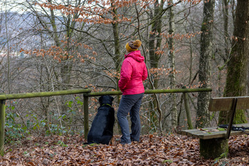 Frau und Hund machen Pause an Aussichtspunkt während Wanderung im Solling