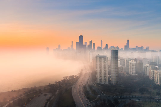 Chicago foggy sunrise