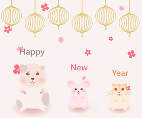 Happy new year background. Guinea pig, mouse, hamster and flower with lamp on pastel color background.