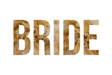 Rustic font word BRIDE made of reeds on white background with paper cut shape of letter. Collection of flora font for your unique 