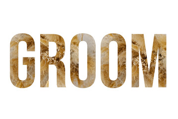 Rustic font word GROOM made of reeds on white background with paper cut shape of letter. Collection of flora font for your unique 
