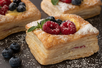 Fruit Pastry Food Stock Photography with Raspberries, Blueberries, Mint and Custard