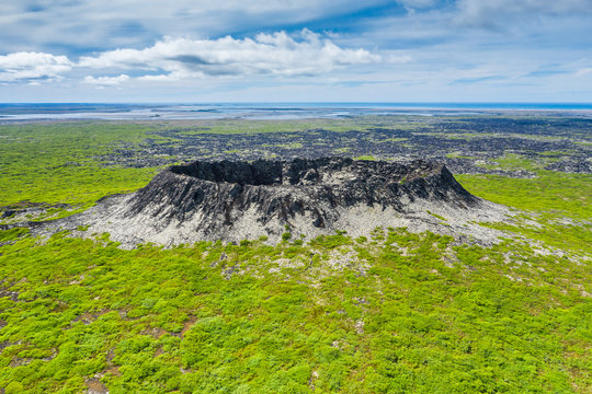 Aerial drone view of Crater Eldborg in Iceland