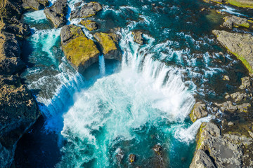 Aerial view landscape of the Godafoss famous waterfall in Iceland.