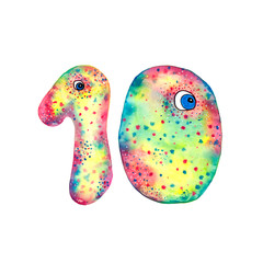 Hand drawn watercolor number 10 with eyes isolated on white background. Dinosaur style symbol for birthday party and other events. Monster number ten.