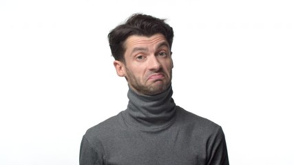 Really good, nice job, well done. Slow-motion man talking to coworker, hearing about impressive achievement, nod in approval, agree with person, proud and satisfied, impressed over white background