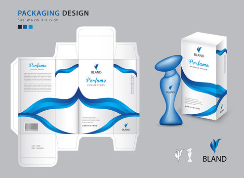 Packaging perfume template, box, product design creative idea template for cosmetics, bottle, Blue wave graphic concept,  box design, packaging design template vector illustration