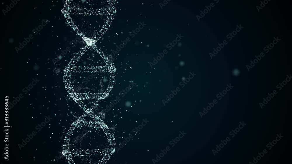 Poster dna disorder concept. abstract dna strand structure on damage process, tiny parts are slowly flowing